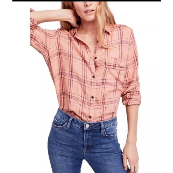 Free People‎ Shirt Womens M Peach 100% Linen Plaid Button Down Coastal Beach - Picture 1 of 7